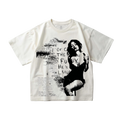 White t-shirt with graphic design featuring a woman and text on a white background