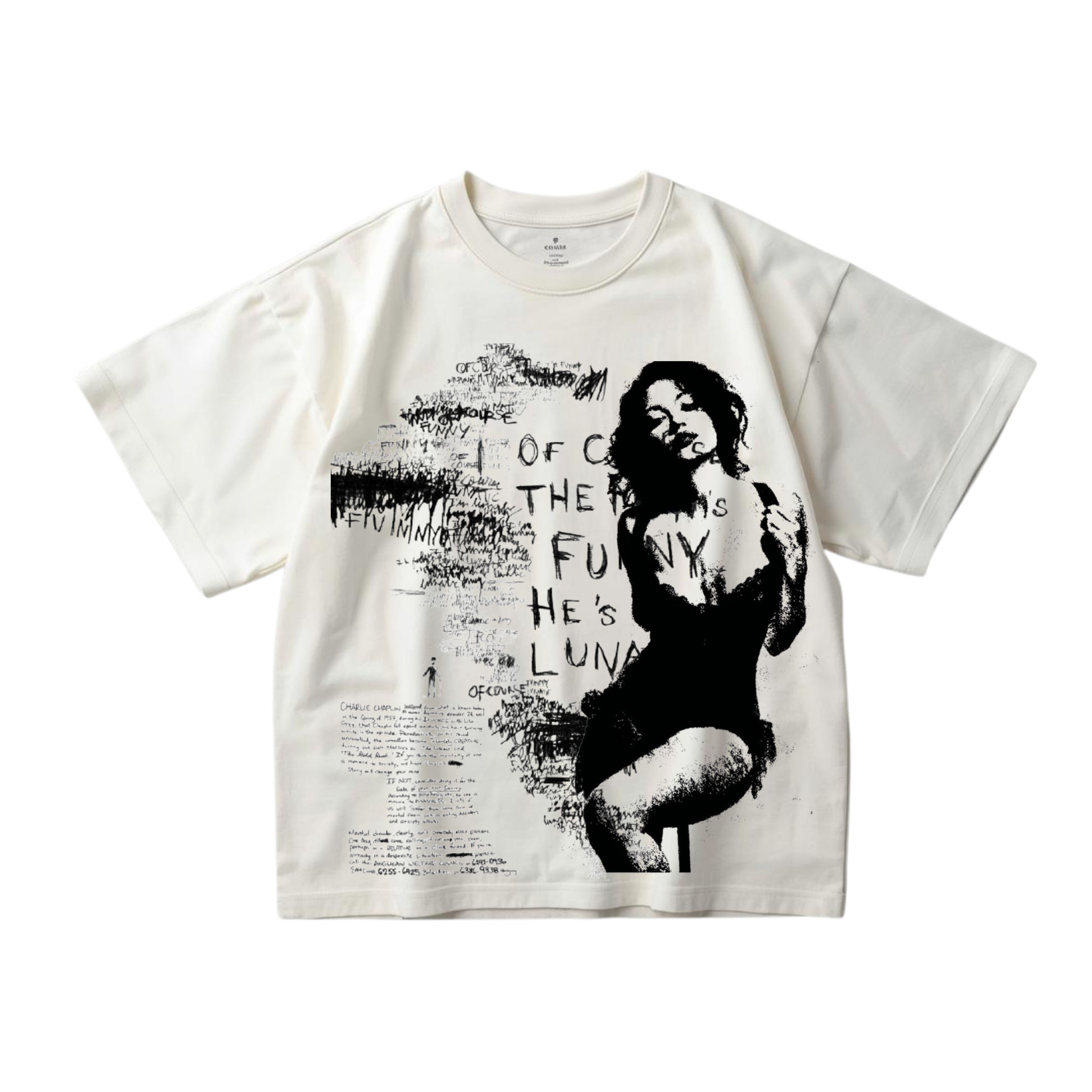 White t-shirt with graphic design featuring a woman and text on a white background