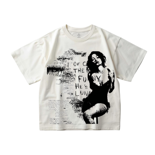 White t-shirt with graphic design featuring a woman and text on a white background