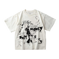 White t-shirt with black graphic design and text on a white background