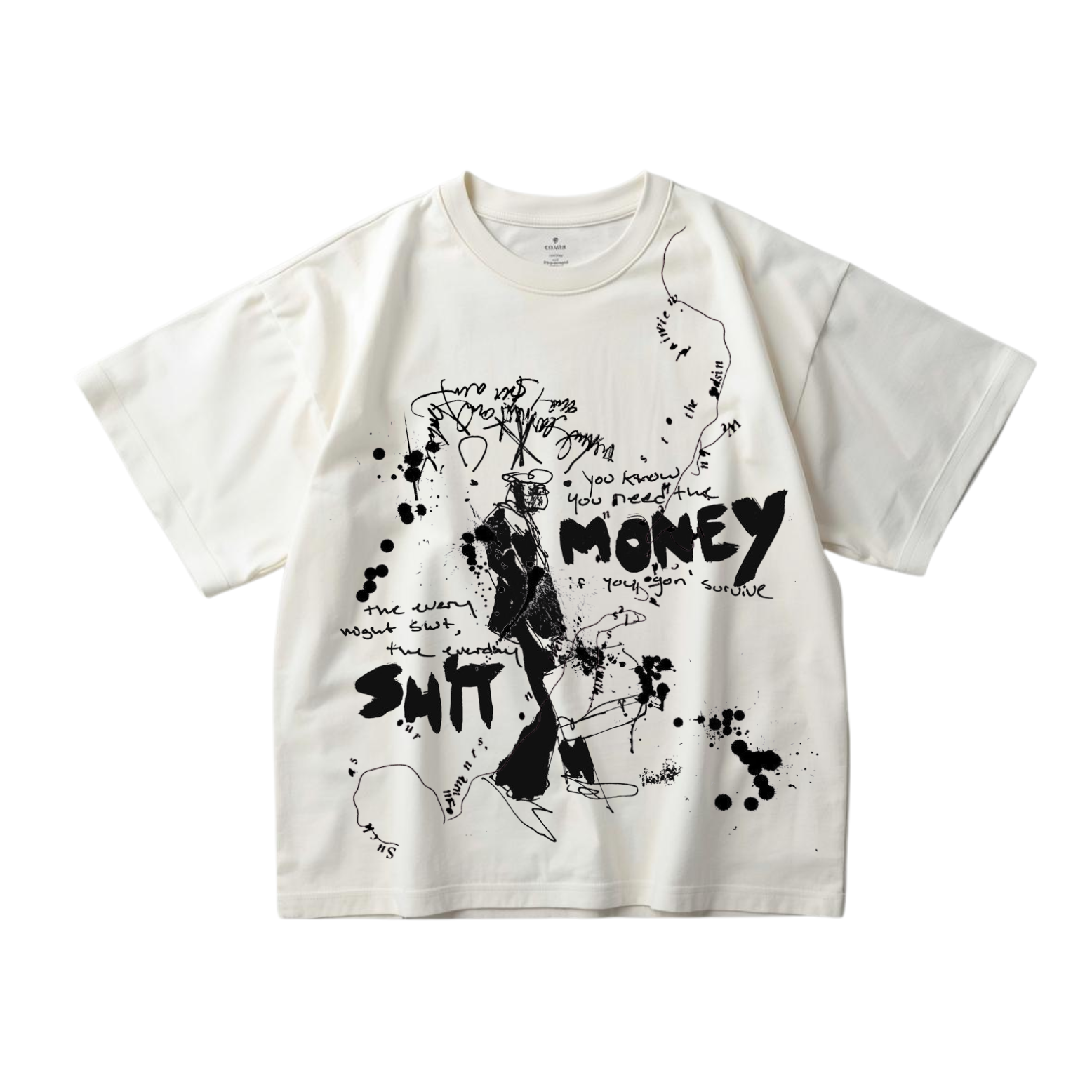 White t-shirt with black graphic design and text on a white background