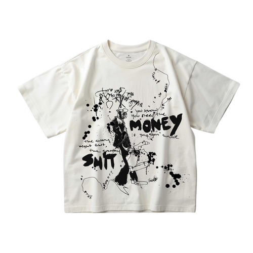 White t-shirt with black graphic design and text on a white background