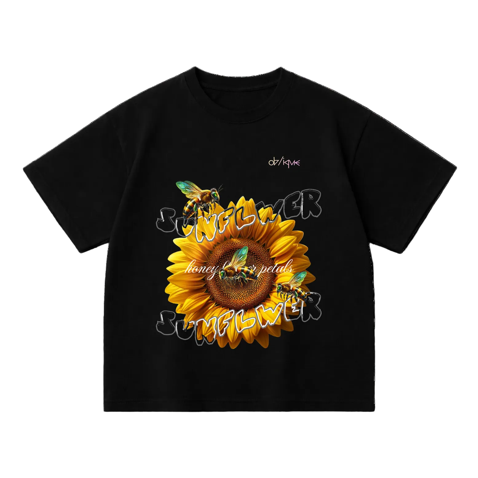 Black t-shirt with a sunflower graphic and text on a white background